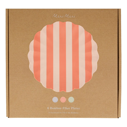 Grandes assiettes réutilisables en bambou rayé, lot de 6