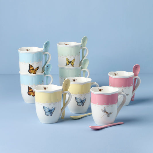 Lot de 8 tasses et cuillères colorées « Prairie aux papillons »